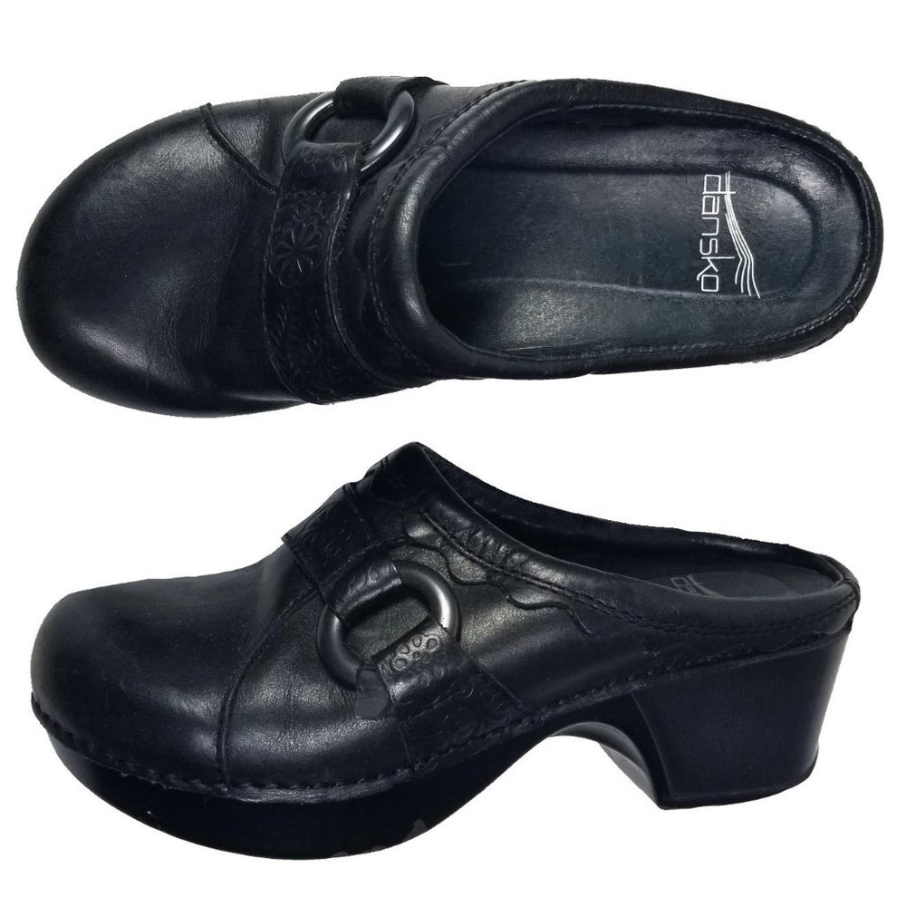 Dansko Professional Black Leather Clogs Floral Inlay Strap Nurse Dr Salon Size 6
